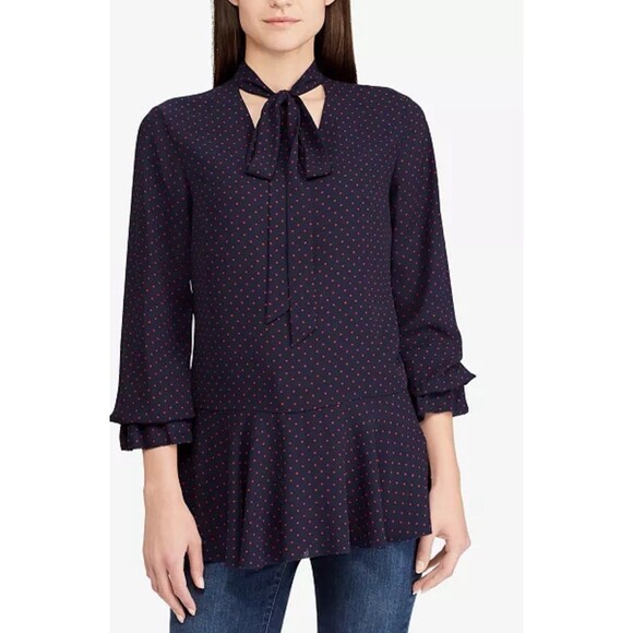 Ralph Lauren Tie-Neck Georgette Top Navy Blue Crimson Swiss Dots Medium Blouse - Picture 1 of 8